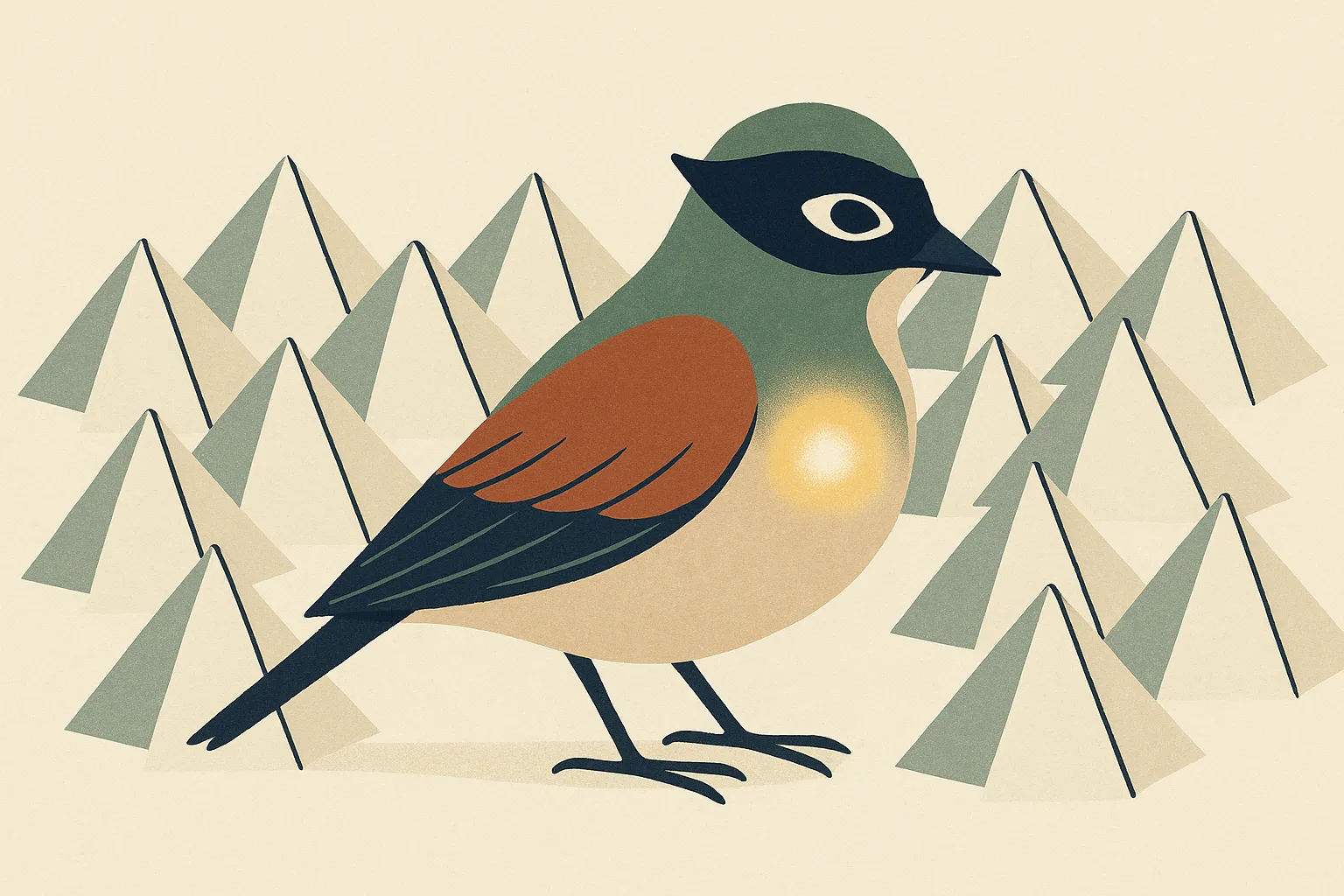 A conceptual vignette showing a small bird wearing a finely tailored mask while 