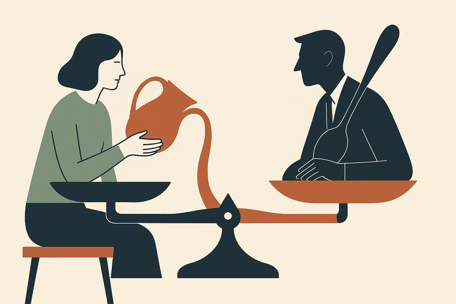 A conceptual vignette showing two figures at a table shaped like a scale: on one