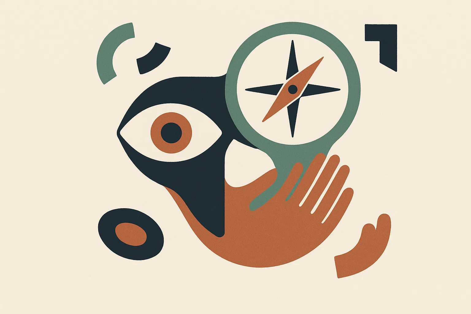 A conceptual infographic-style illustration organized as three interlocking abst