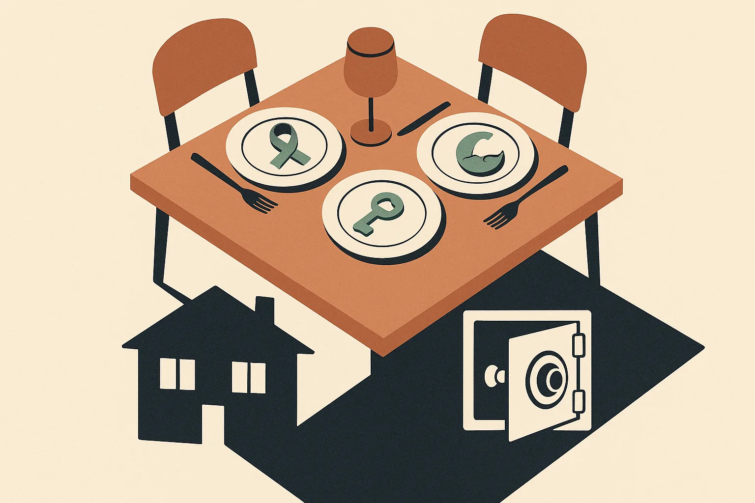 A conceptual vignette of a restaurant table set for two, where the tabletop cast
