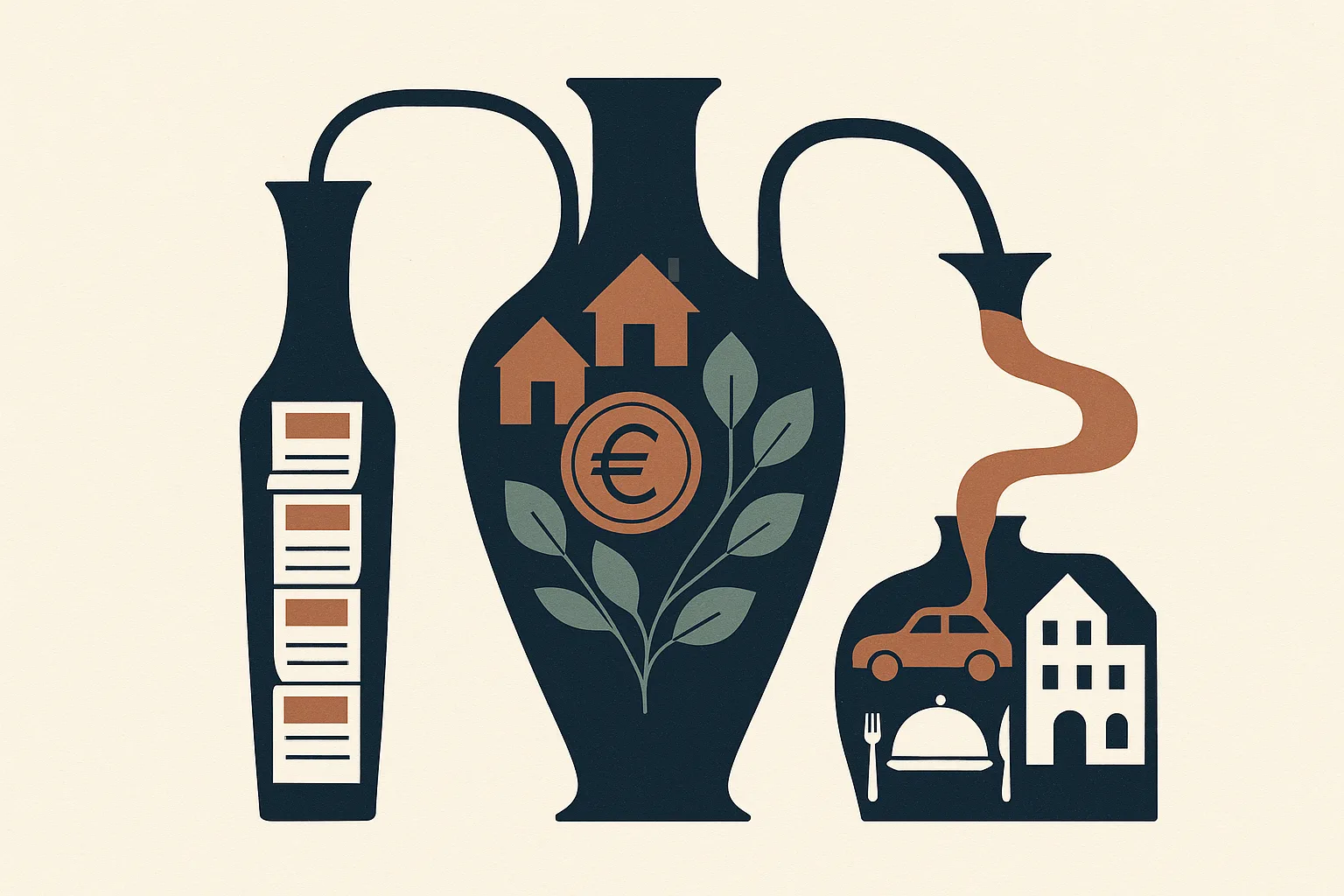 A conceptual infographic-style illustration showing three elegant vertical vesse