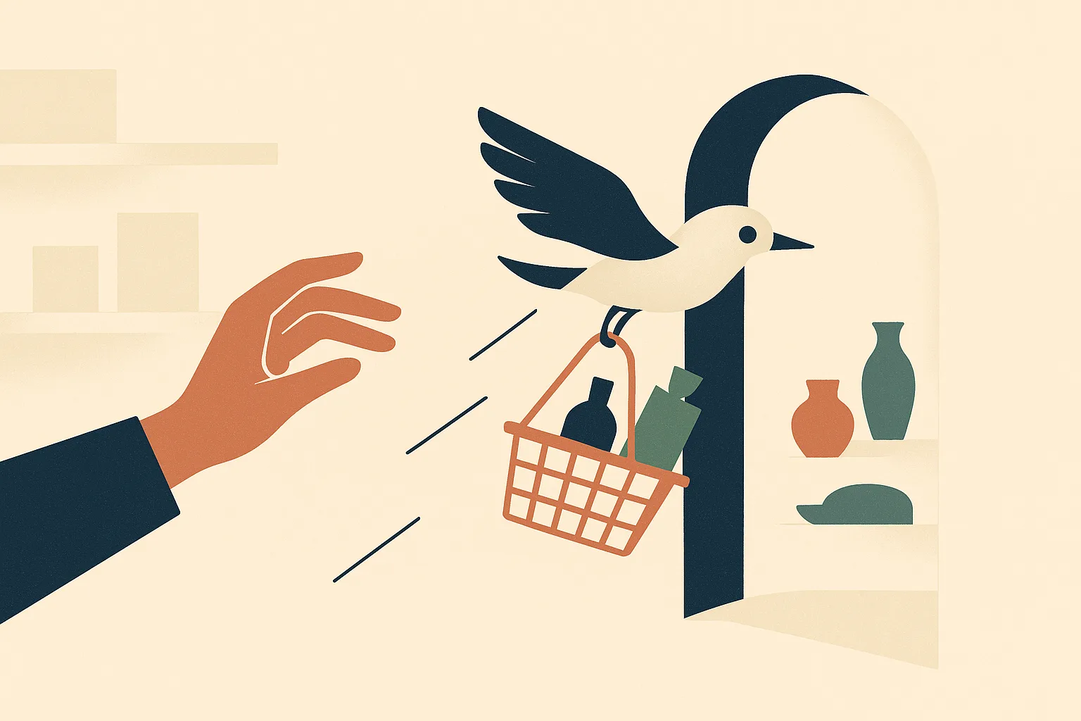 A metaphorical scene of a human hand gently releasing a shopping basket that tra