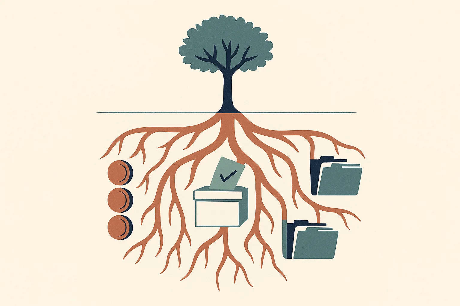 A large, elegant tree whose visible crown is small and carefully pruned above gr