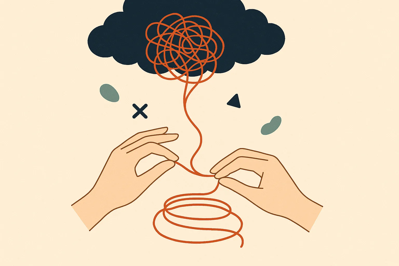 A conceptual vignette showing a tangled terracotta thread emerging from a dark c