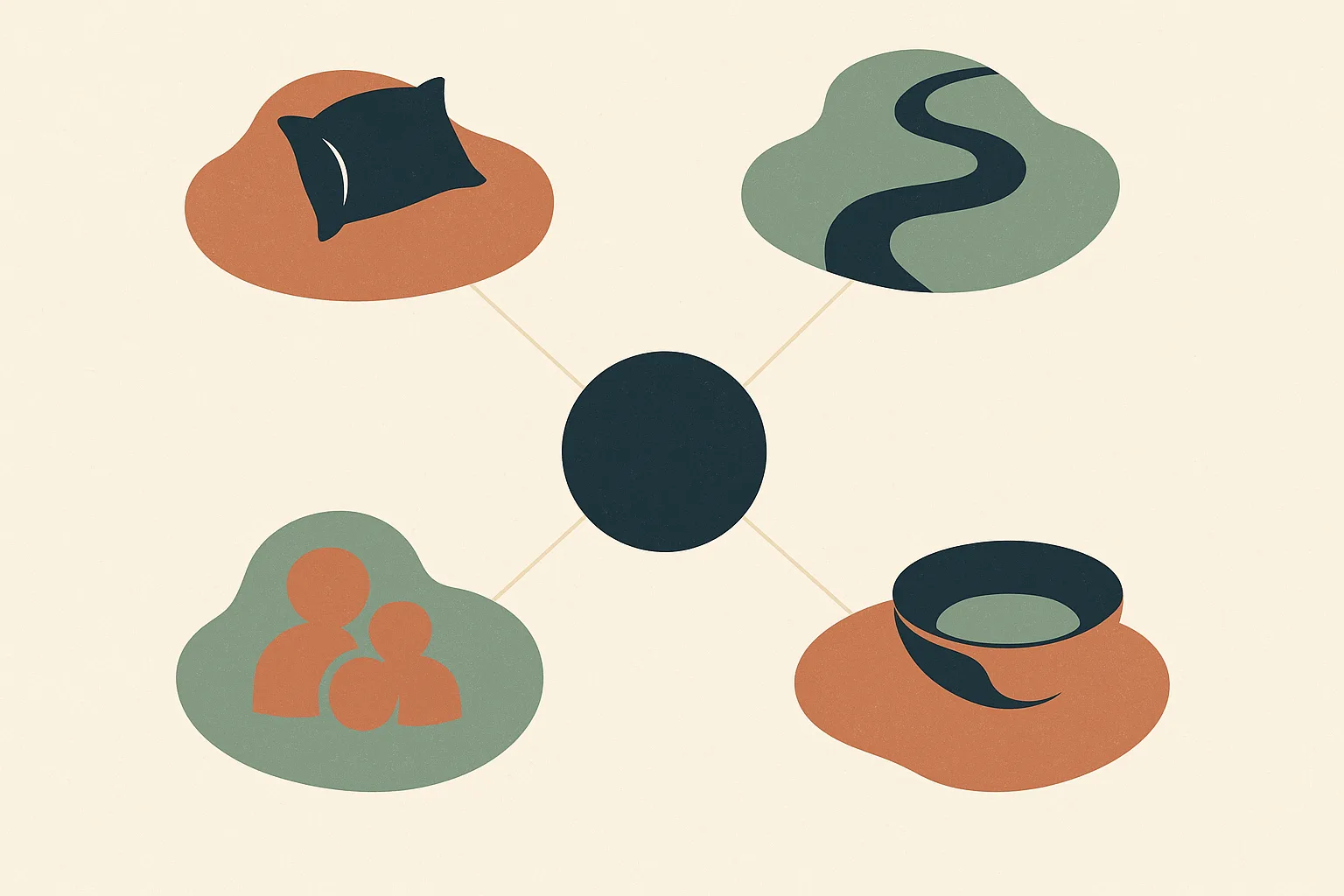 A conceptual infographic-style illustration with four abstract islands orbiting 
