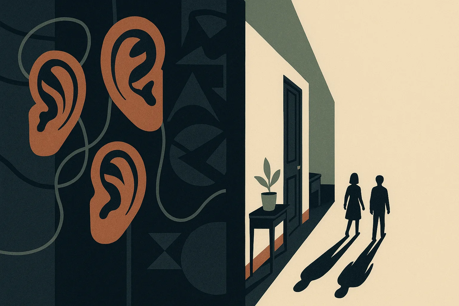 A conceptual vignette showing two small human silhouettes stepping out from a fo