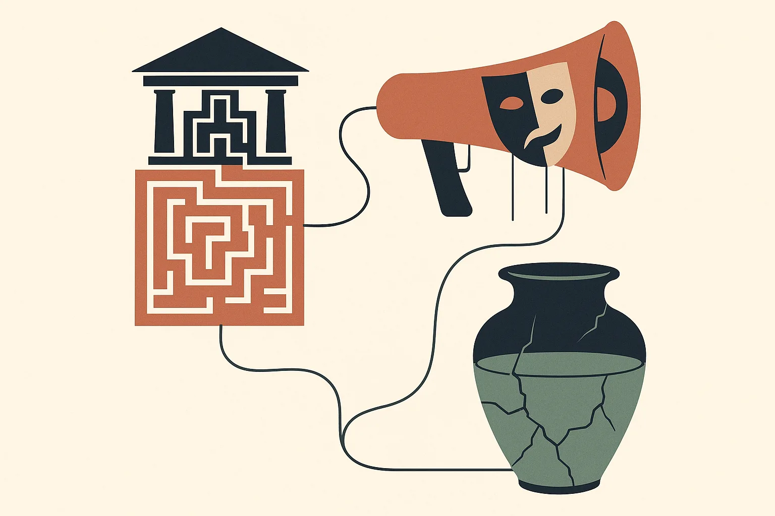 A conceptual infographic-style illustration with three balanced symbolic zones c