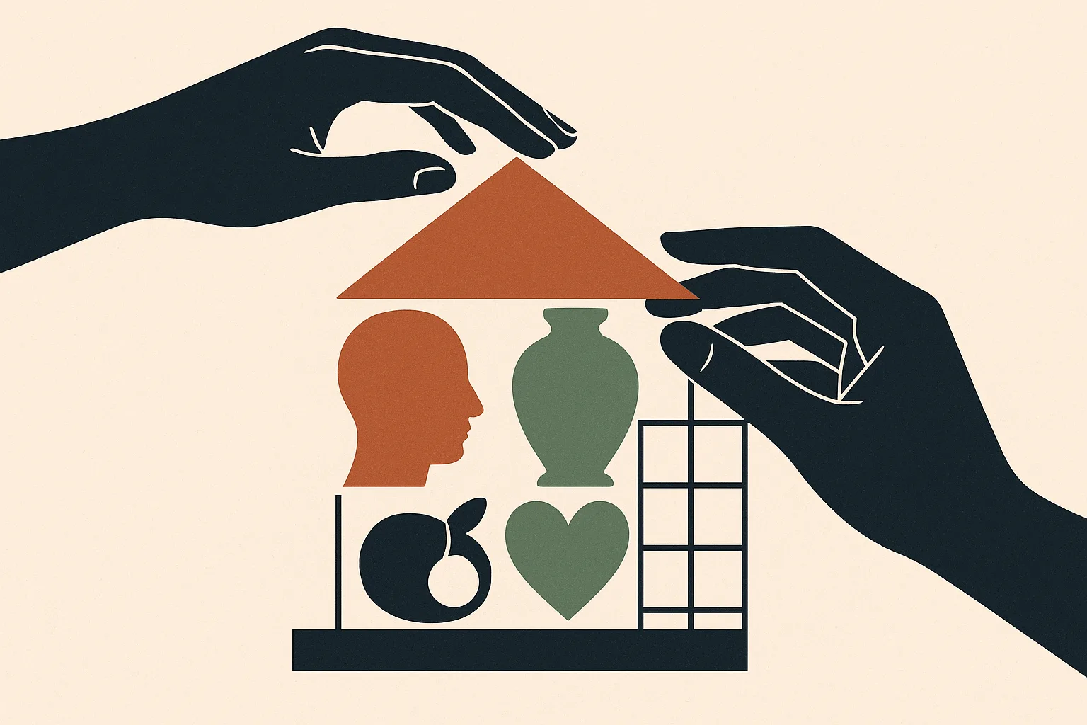 A conceptual vignette showing two hands shaping a small shelter out of shared ob