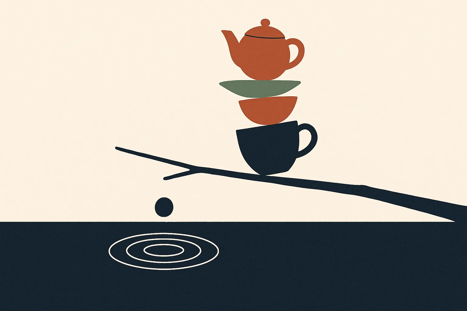 A conceptual vignette showing a fragile stack of smooth domestic objects balance