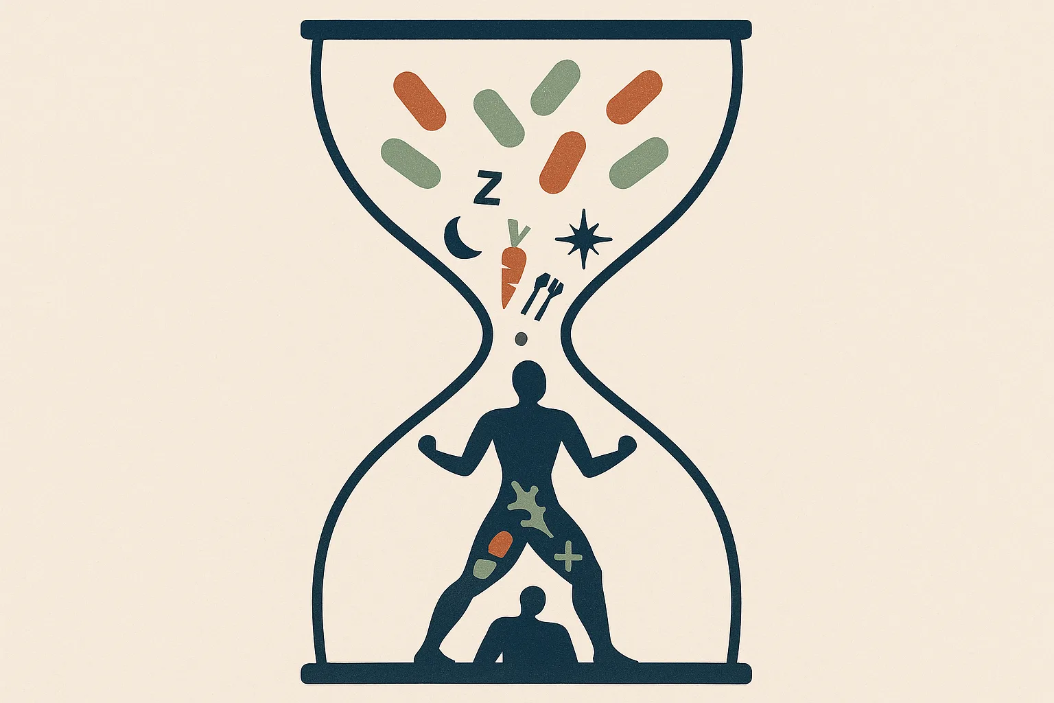 A conceptual vignette of an hourglass where, instead of sand, small abstract sha