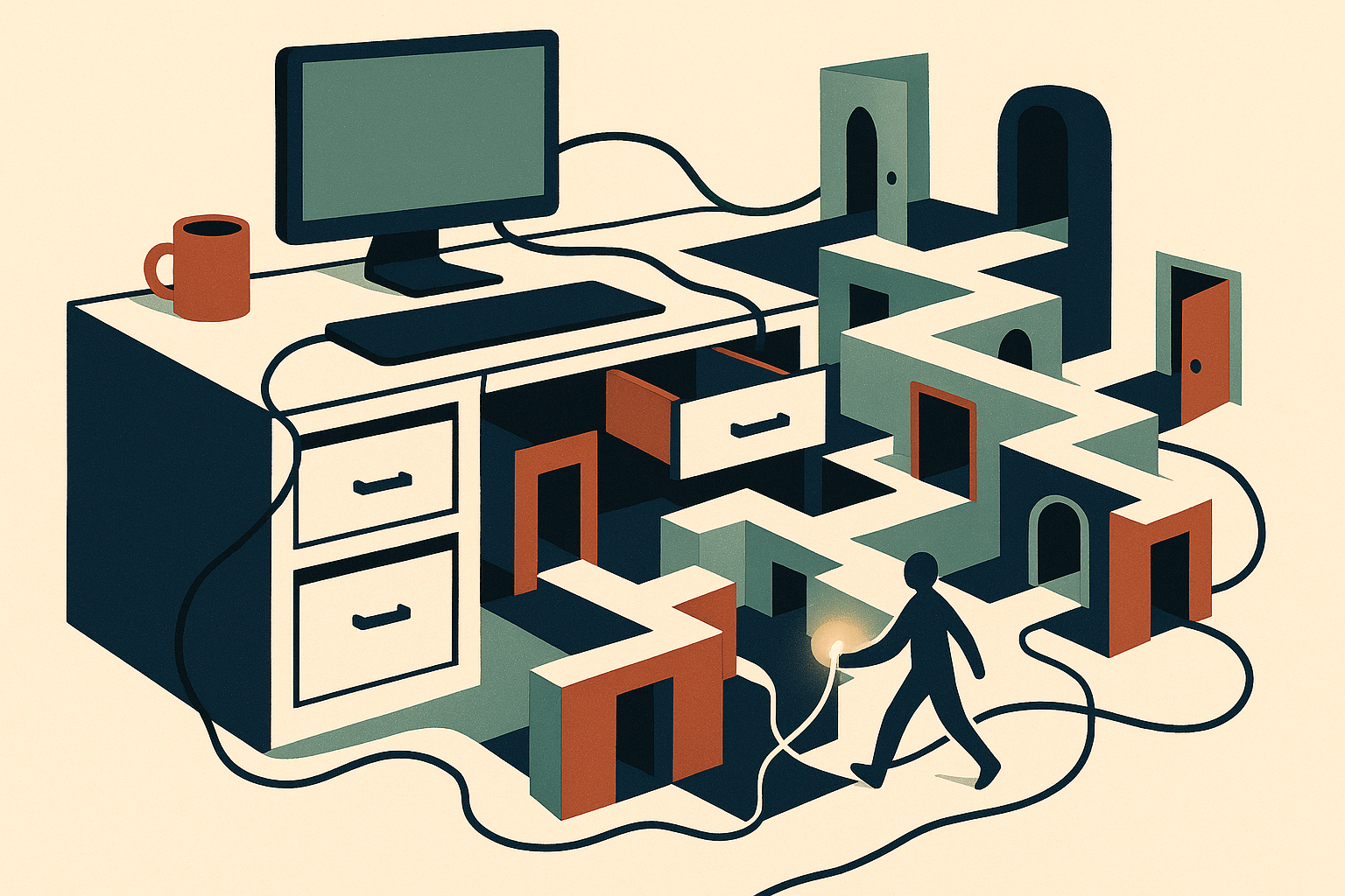 A conceptual vignette showing a calm domestic desk transformed into a surreal ma