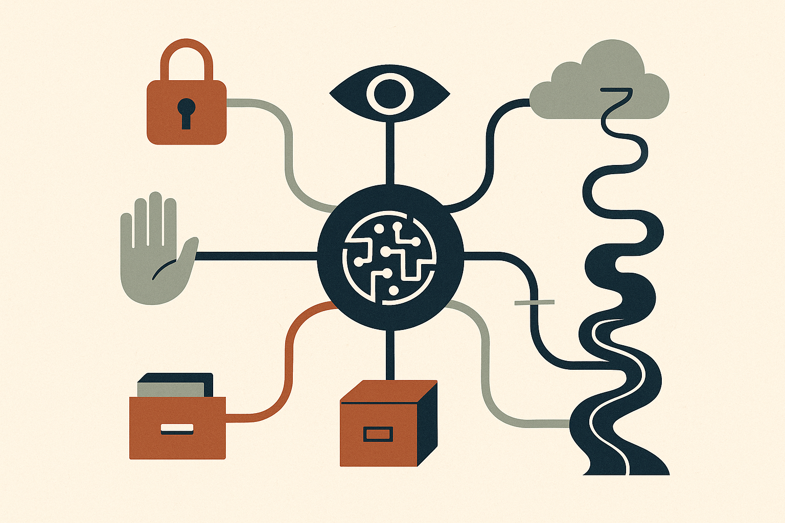A conceptual infographic-style illustration depicting an abstract flow system: a