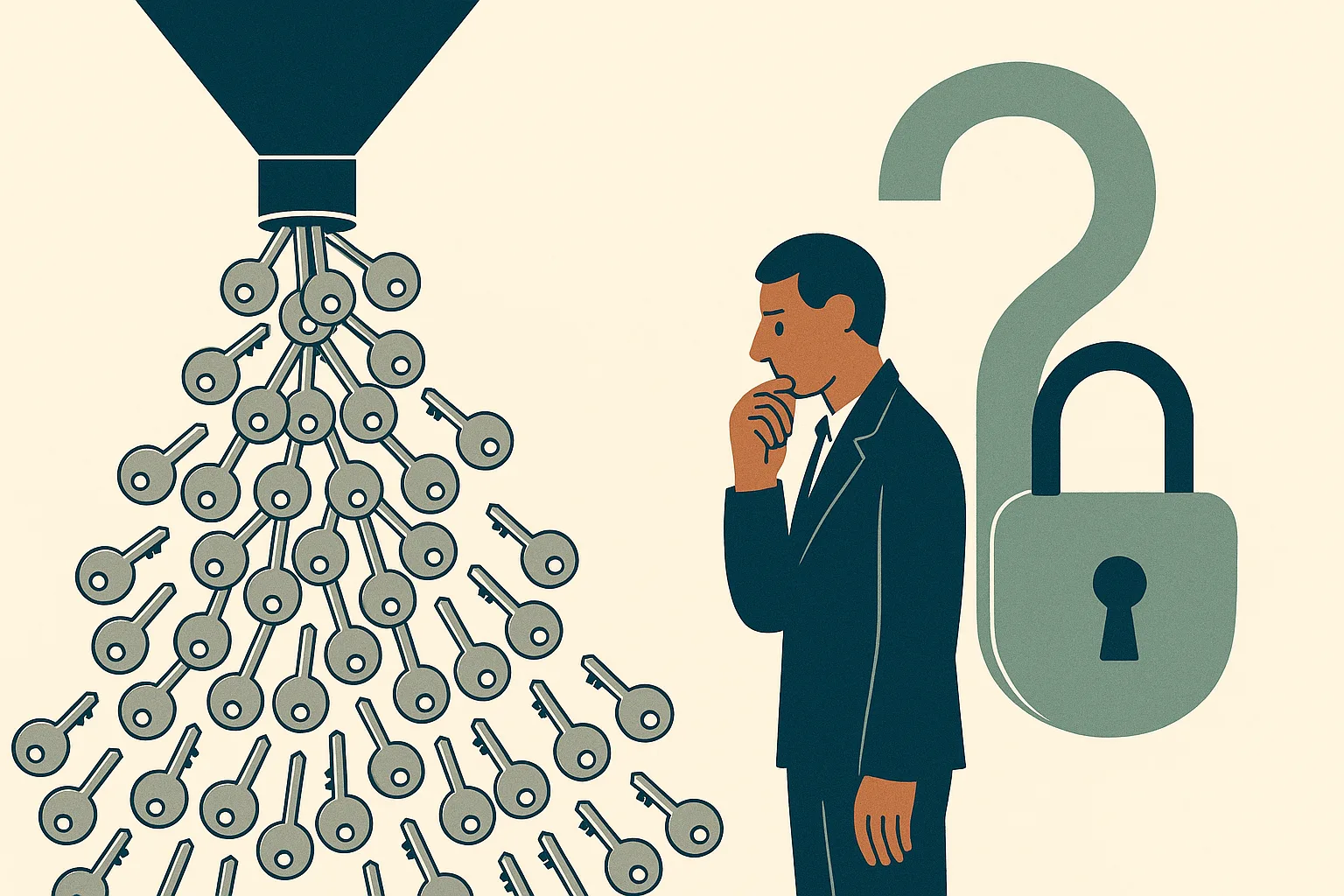 A conceptual vignette showing a cluster of identical polished keys pouring out o