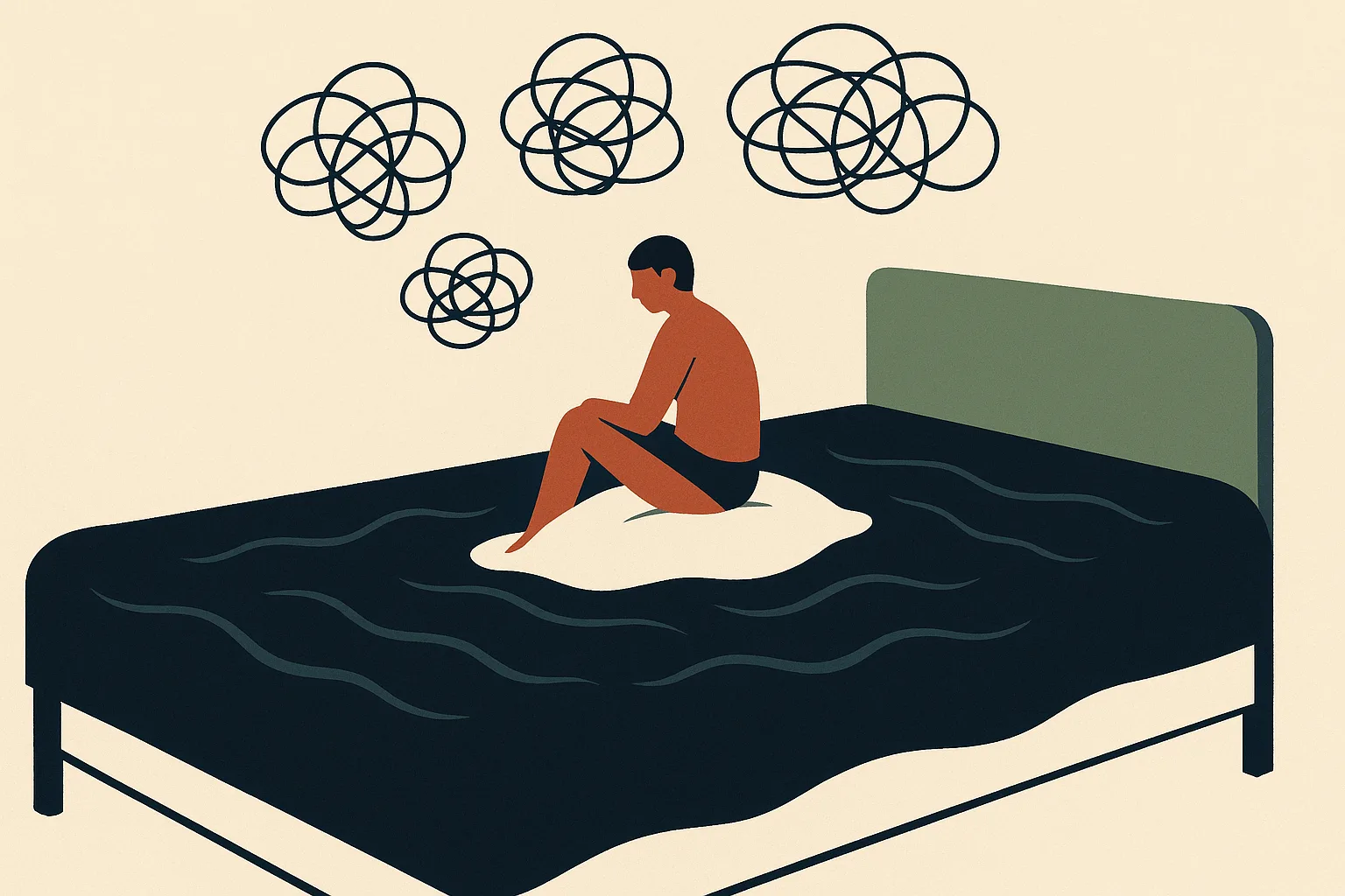 A conceptual vignette showing a tidy domestic night scene where a bed transforms