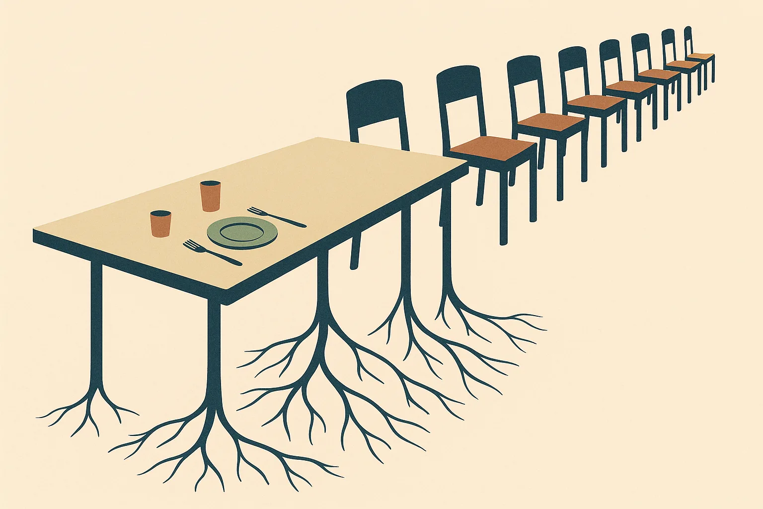 A metaphorical vignette showing a long dining table with only a few small place 