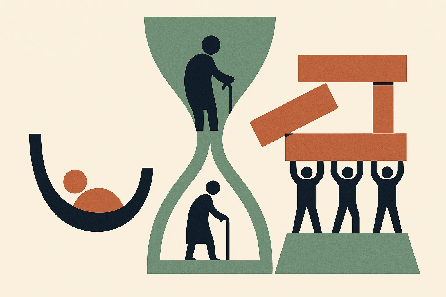 A conceptual infographic-style illustration with three abstract zones flowing in