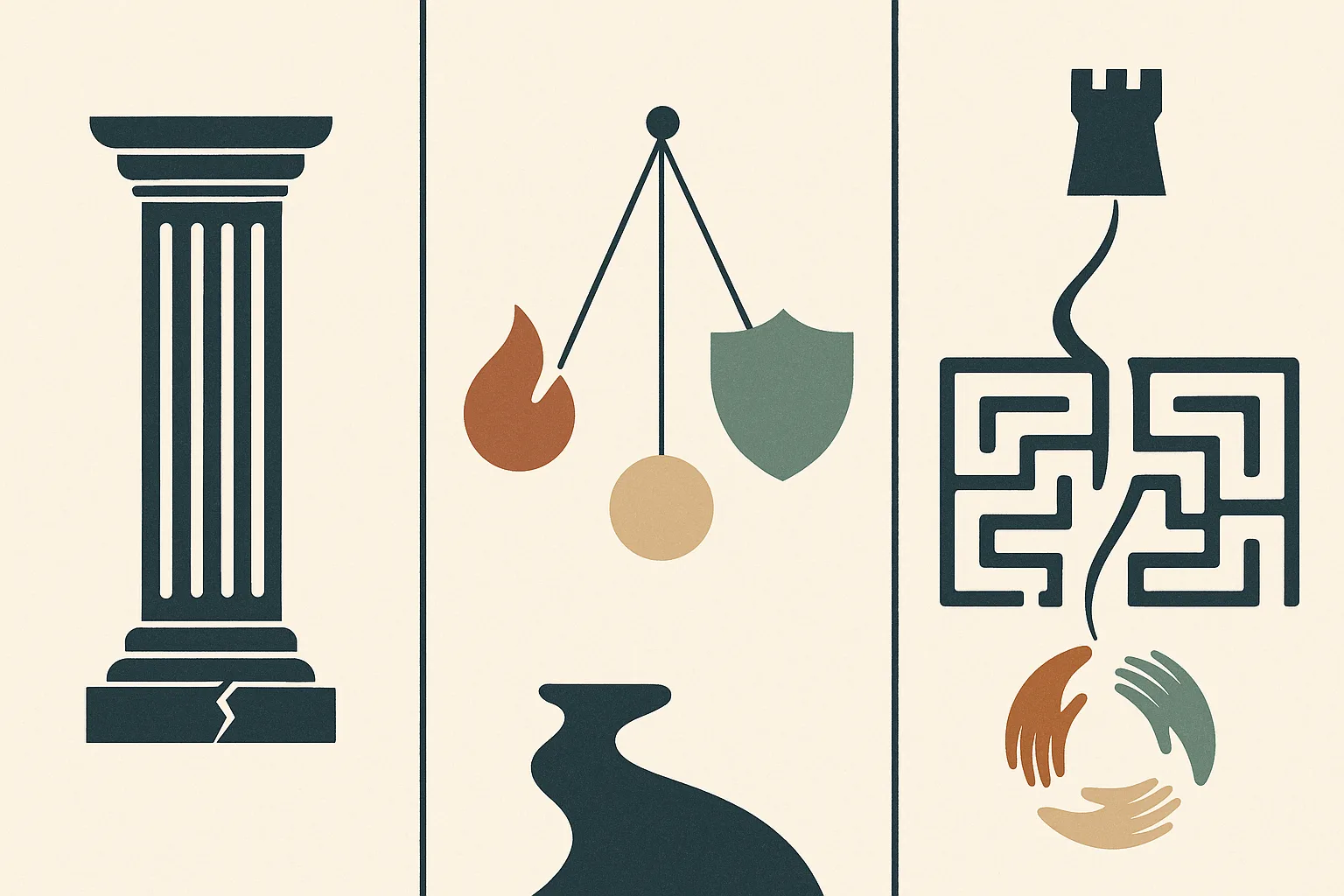 A conceptual infographic-style illustration composed of three symbolic panels in