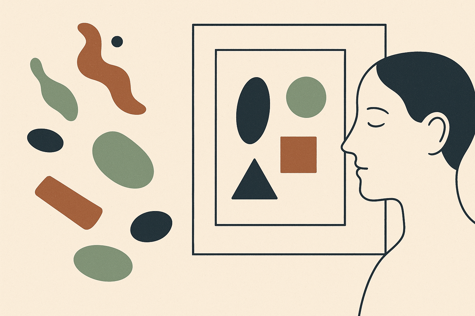A metaphorical vignette showing the act of naming emotions: floating abstract sh