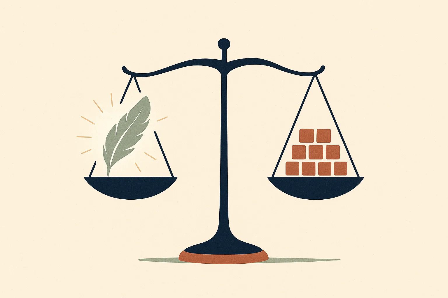 A conceptual vignette showing a pair of elegant scales where one side holds a gl