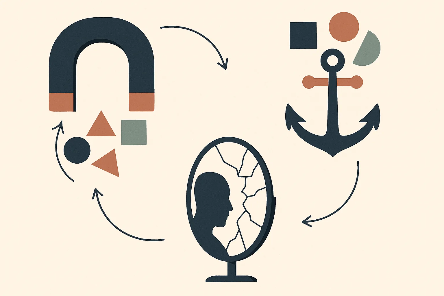 A conceptual infographic-style editorial illustration composed of three intercon