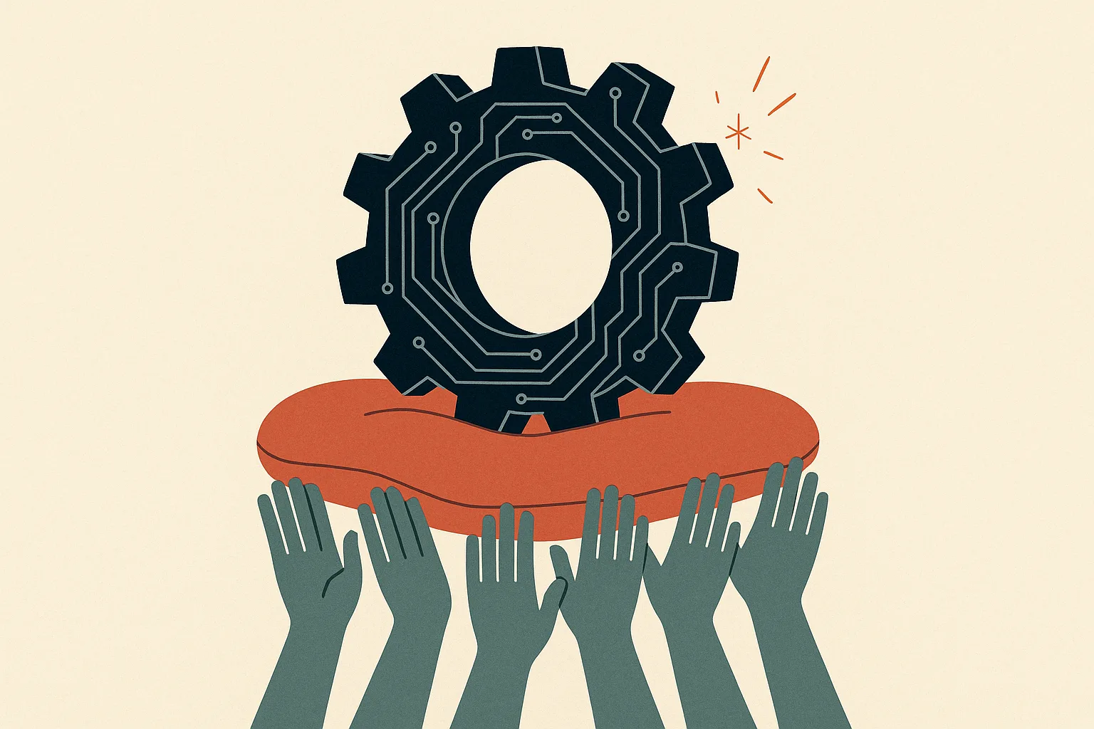 A conceptual vignette showing a large polished gear made of dark blue circuitry 