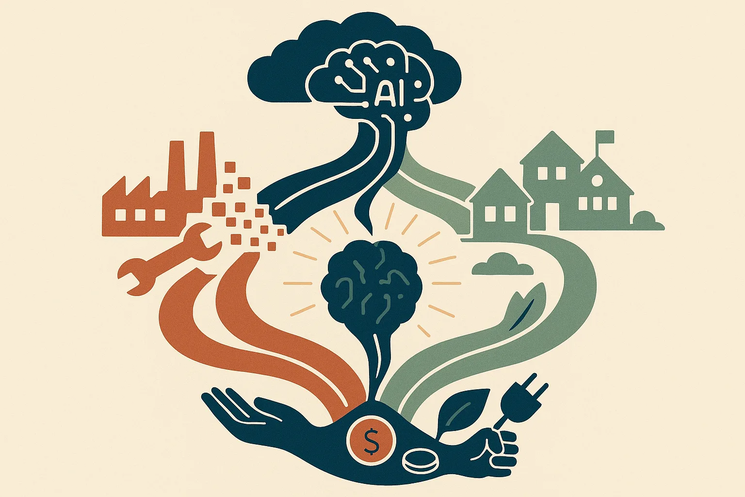 A conceptual infographic-style illustration with three balanced symbolic zones c