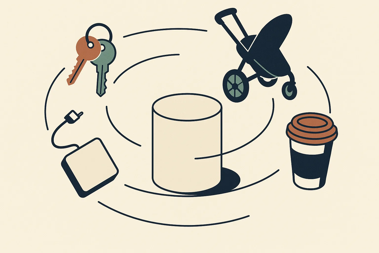 A conceptual vignette showing a set of house keys, a baby stroller wheel, a lapt