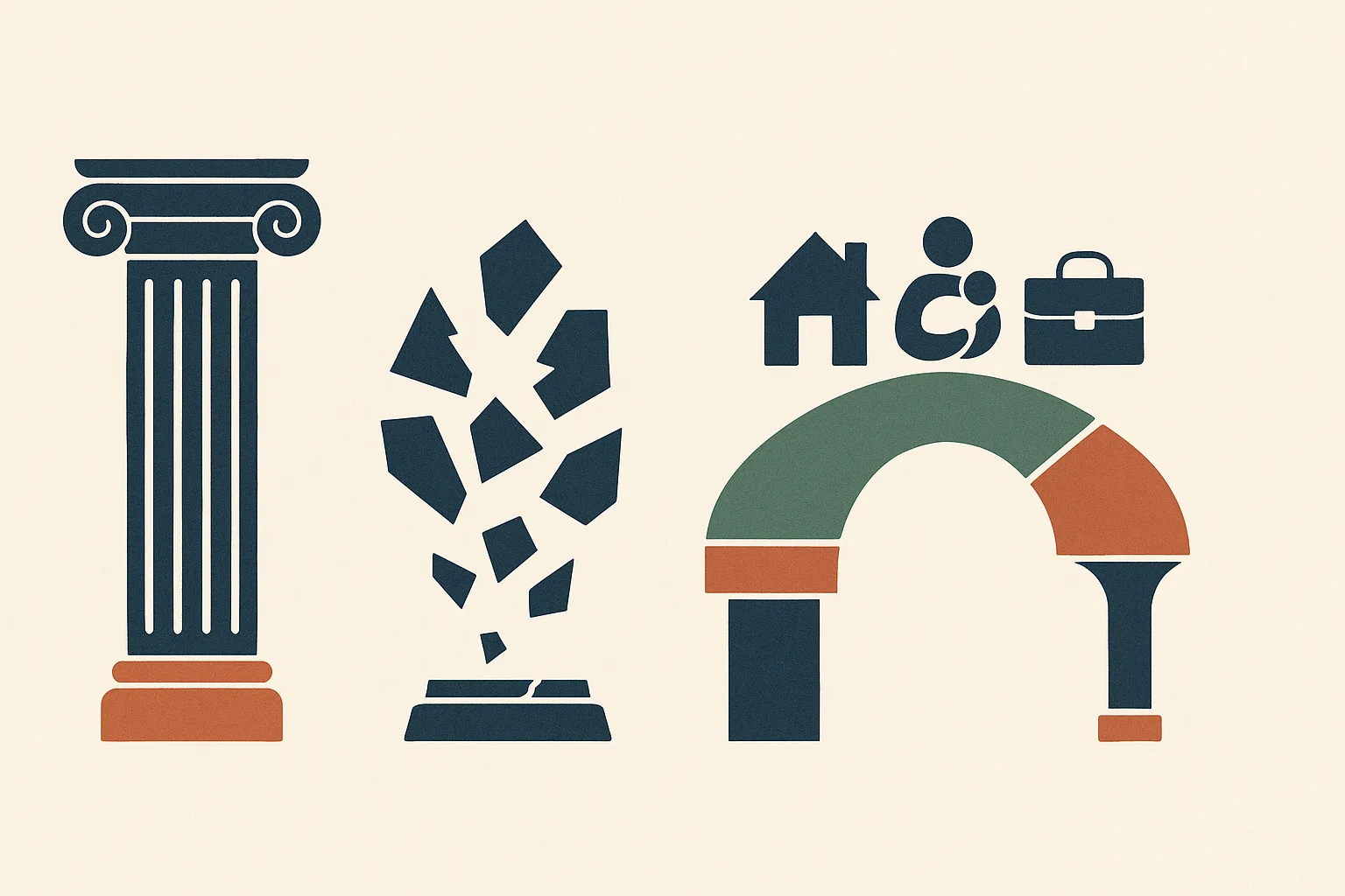 A conceptual infographic-style editorial illustration with three abstract stages