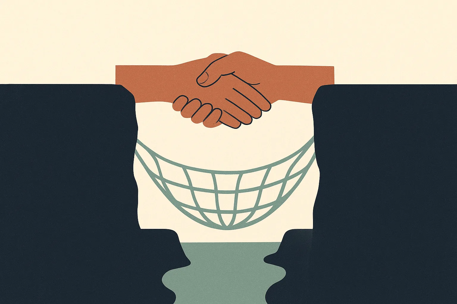 A conceptual vignette showing a small terracotta bridge made of joined hands spa