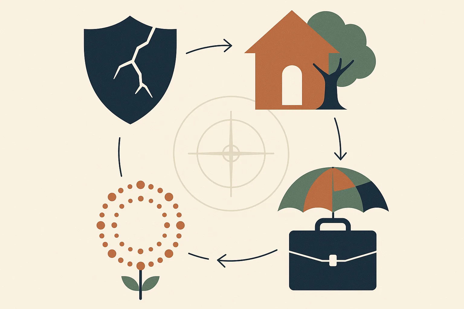 A conceptual infographic-style editorial illustration composed of four balanced 